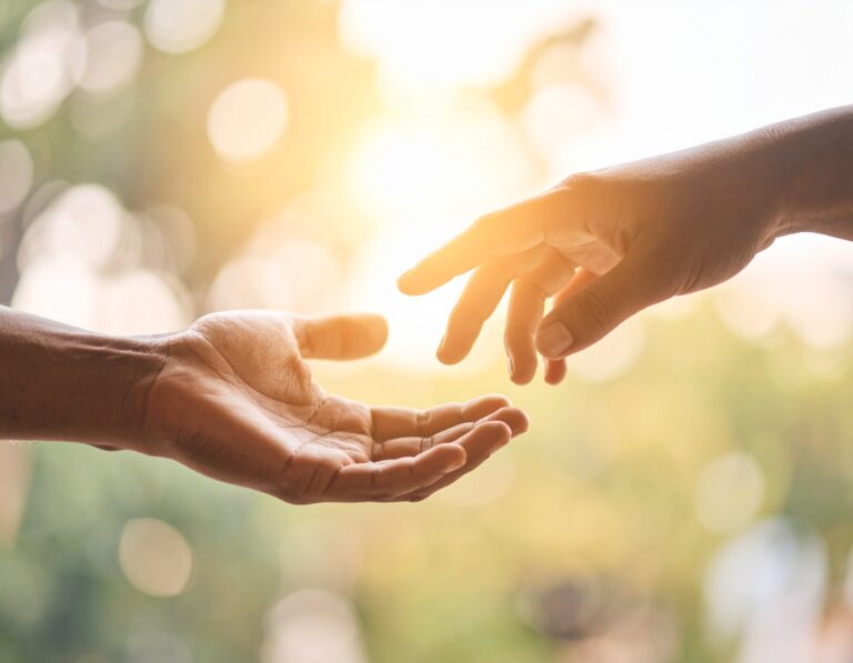 touching hands with the sunlight in the background